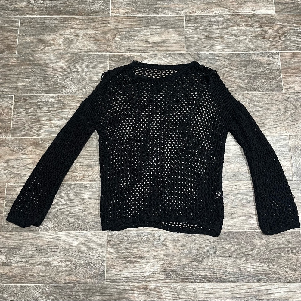 Black Open-Knit Crewneck Sweater - Women's